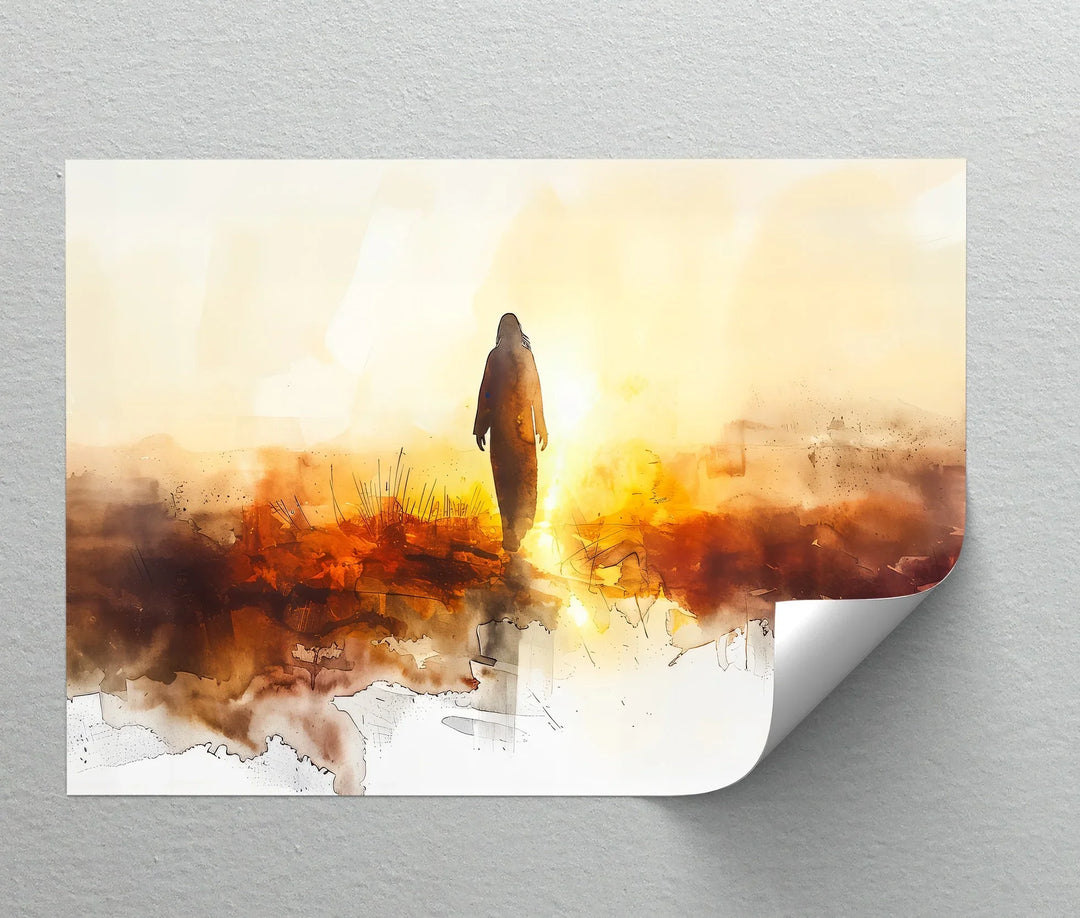 He Walks in Light – Silhouette of Christ in Golden Landscape Canvas Print