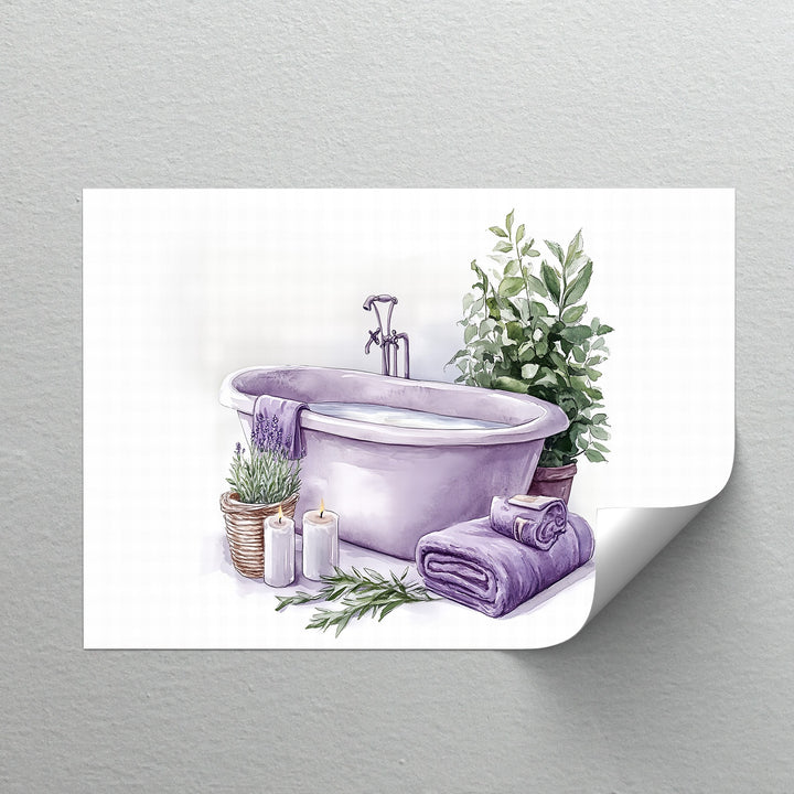 This relaxing bathroom canvas print combines soft purple hues, greenery, and candlelight—ideal for creating a peaceful, spa-inspired vibe in any home.

