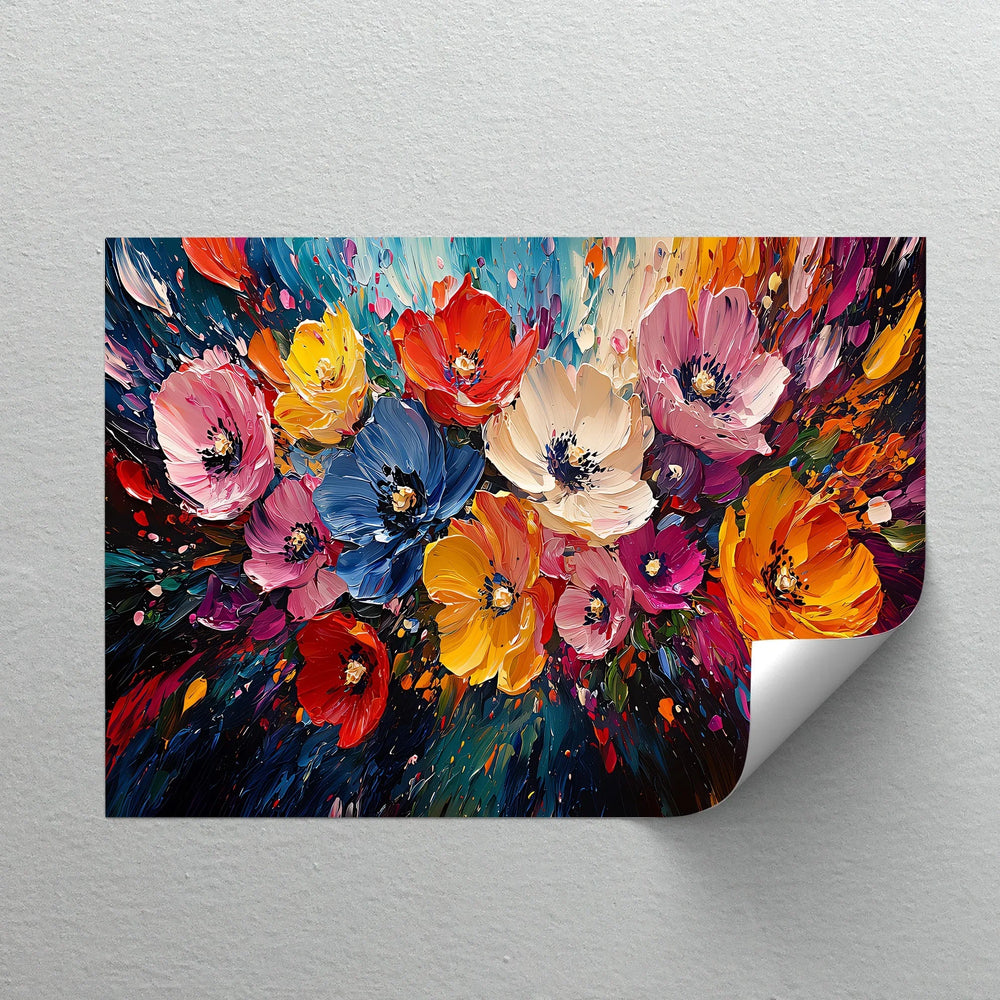 Vibrant Bloom Dance – modern flower art print in rainbow palette.

