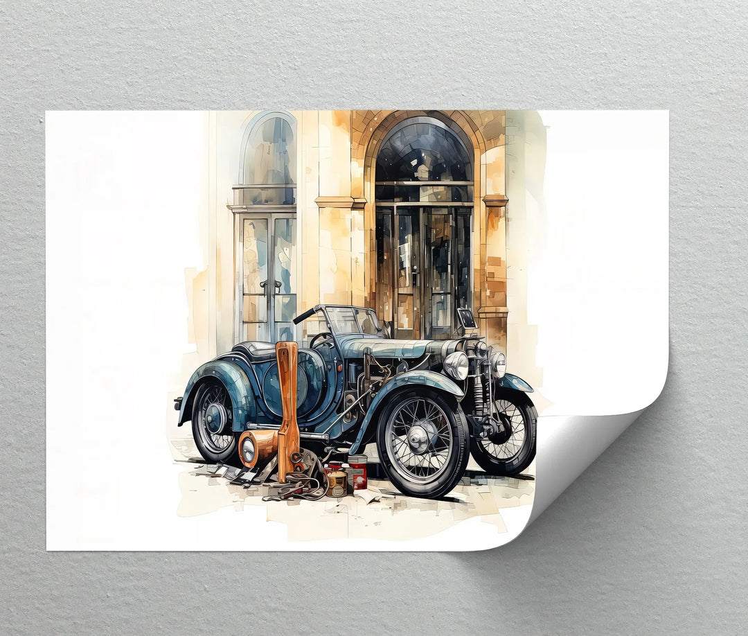 Vintage Blue Roadster & Tools – Car Canvas Print