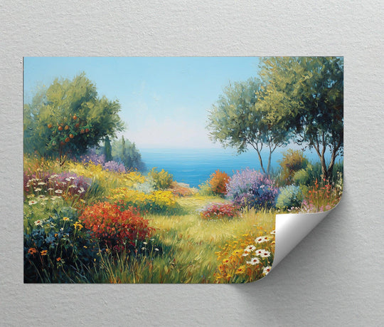 Gentle brushstrokes depict the softest grassy expanse of a Mediterranean bloom canvas painting, a vibrant floral seascape blending colorful blooms with a distant sea view.