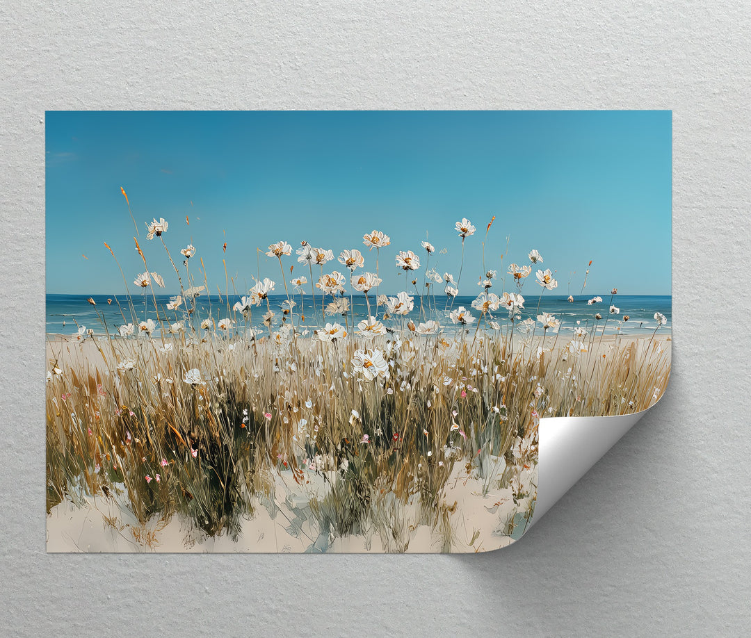 Seaside Serenity – White Wildflowers by the Shore Canvas Print