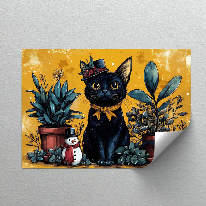 Black Cat with Holiday Hat and Yellow Ribbon - Cat Canvas Print - MyPhotoStation
