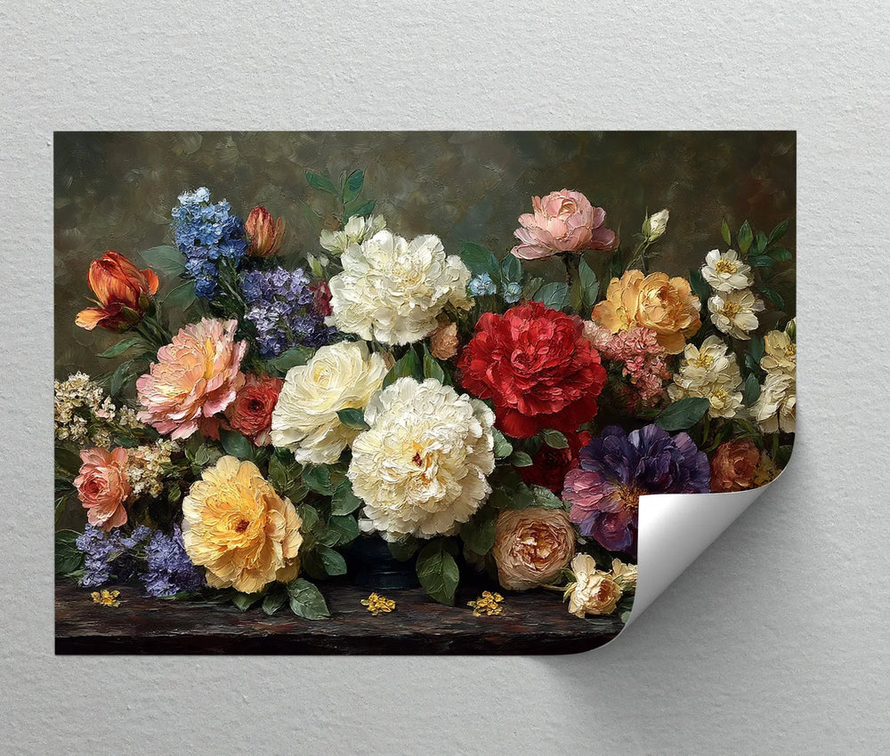 Classic flower bouquet wall art featuring red white yellow and purple blooms

