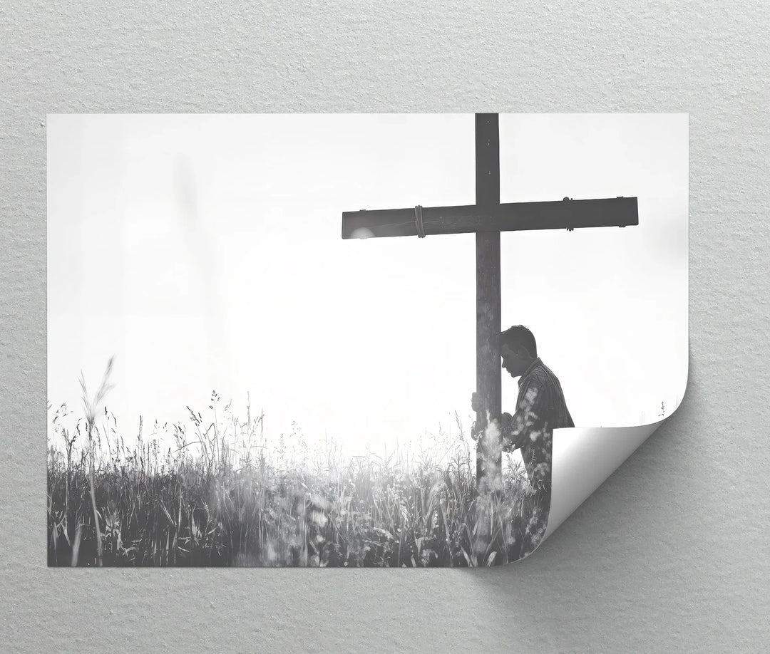 In Surrender – Black and White Prayer with Cross Canvas Print