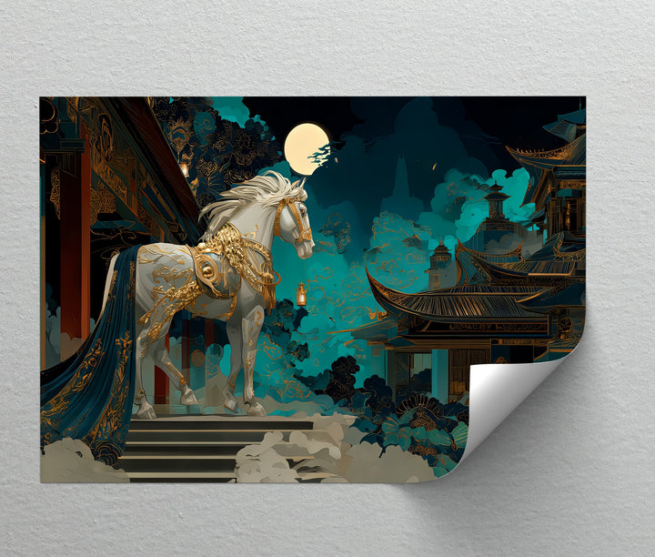 Moonlit Majesty – White Horse in Royal Gold Armor Canvas Print