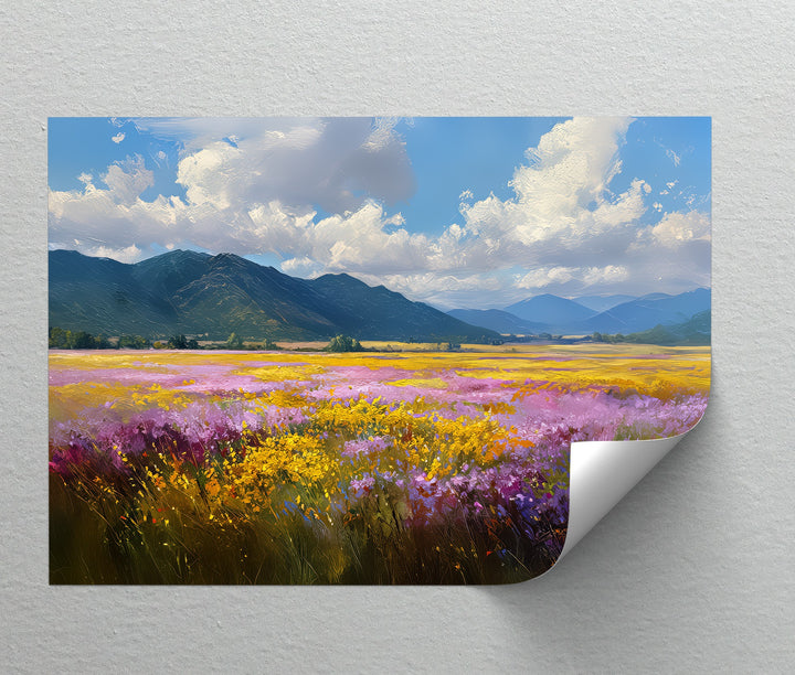 Valley Bloom – Wildflower Field and Mountain Landscape Canvas Print