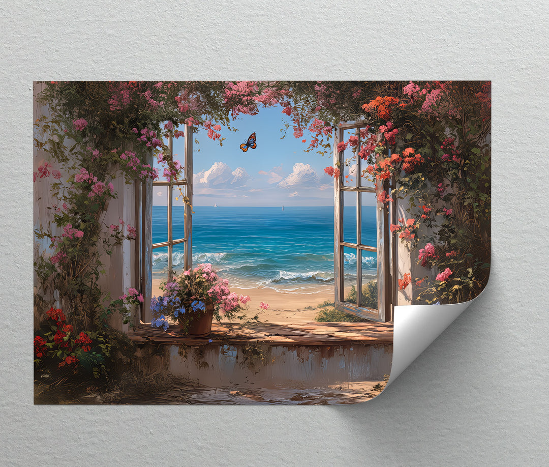 Blossoms by the Sea – Open Window Beach View Canvas Print