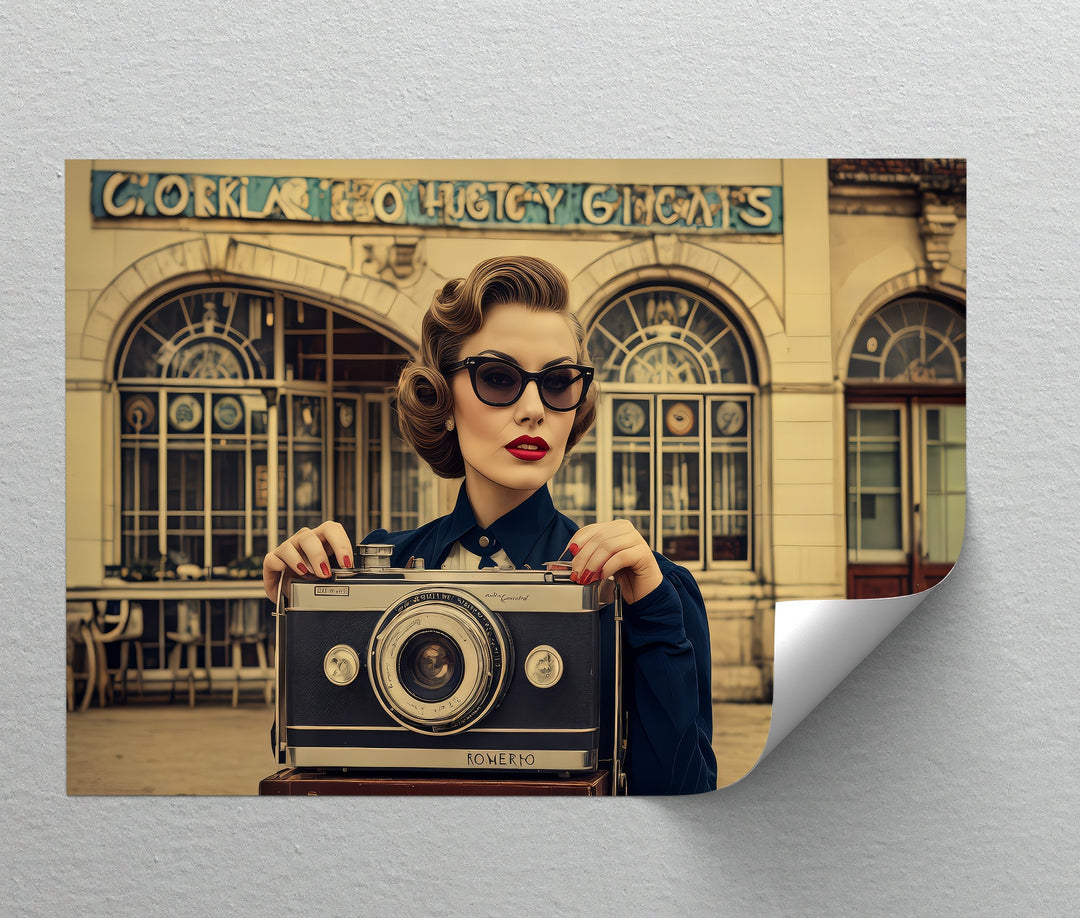 Retro Portrait with Giant Camera – Vintage Glamour Canvas Print