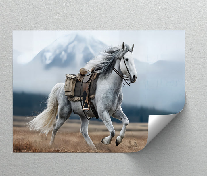 Gallop in the Mist – White Horse with Saddle Canvas Print
