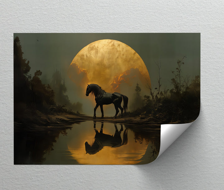 Eclipse Majesty – Black Horse Under a Golden Moon Canvas Print