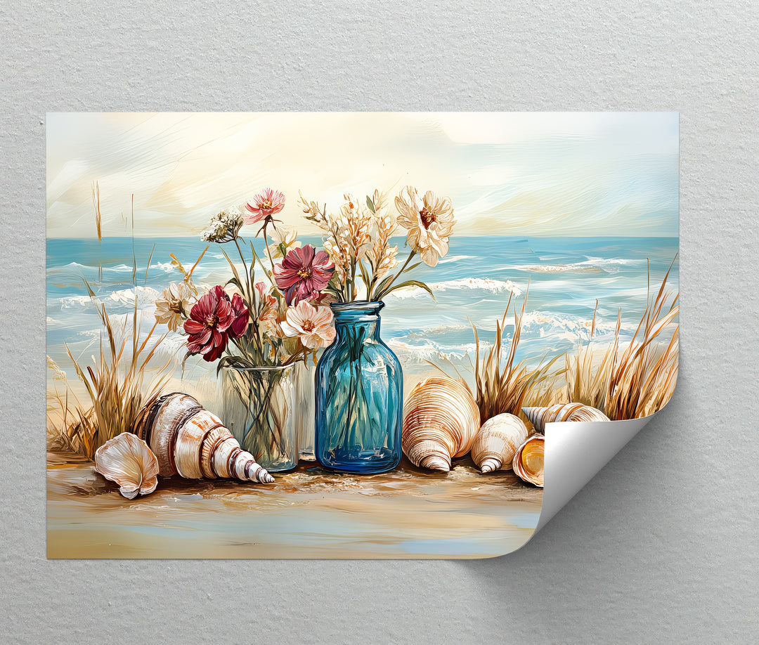 Seaside Serenity – Floral and Seashell Still Life Canvas Print