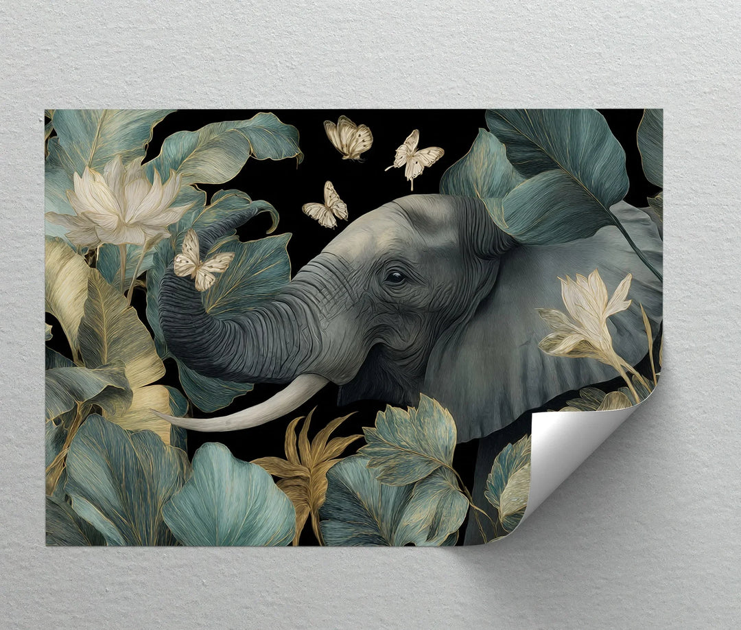 Elegant wildlife canvas wall art featuring elephant among leaves

