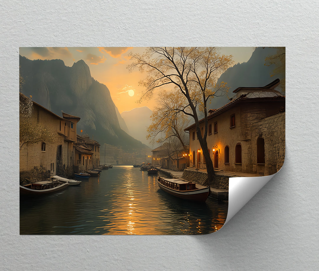 Sunset Canal Serenity – Lakeside Village Canvas Wall Art | Canvas Artwork