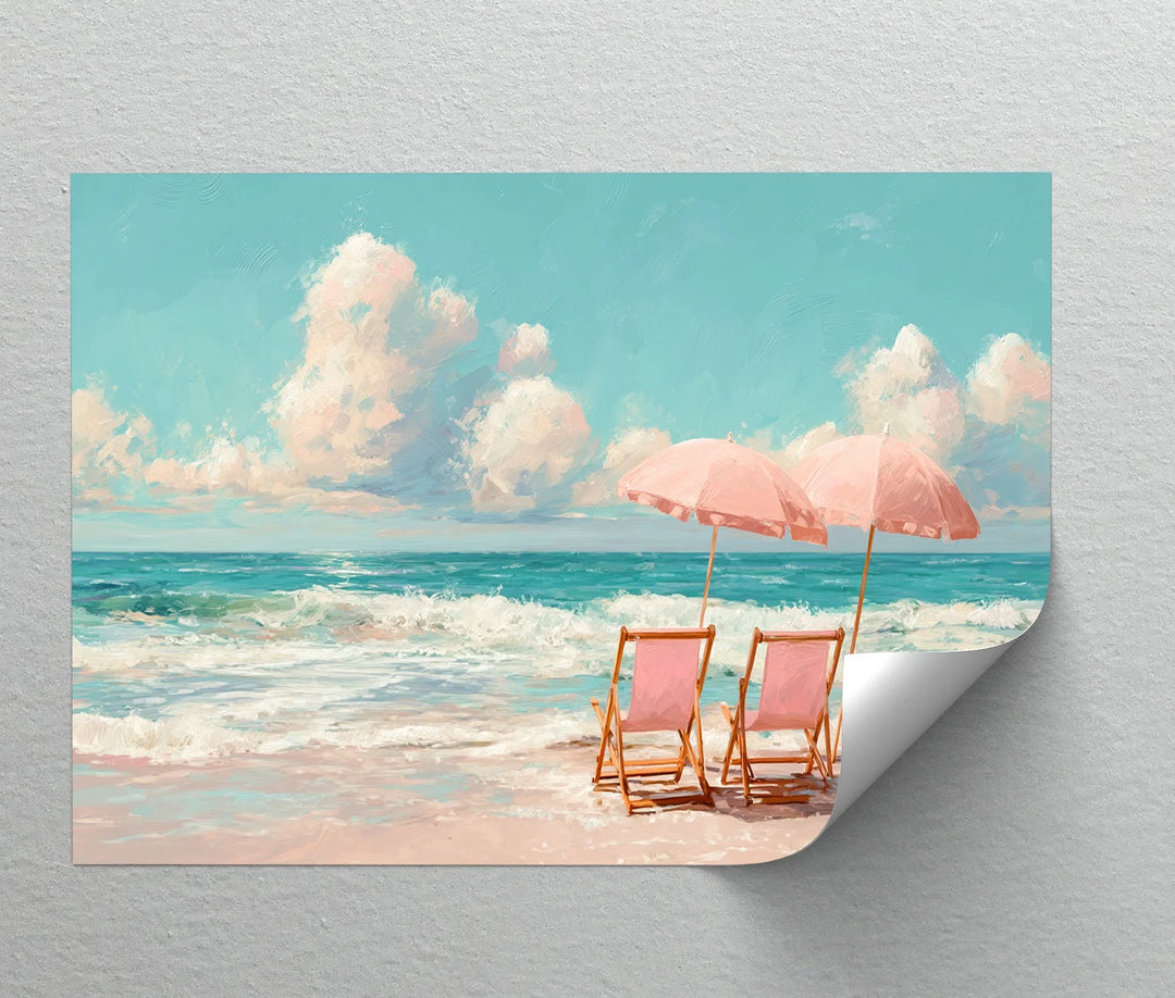 Serene Beach Escape with Pink Umbrellas – Seaside Canvas Print - MyPhotoStation