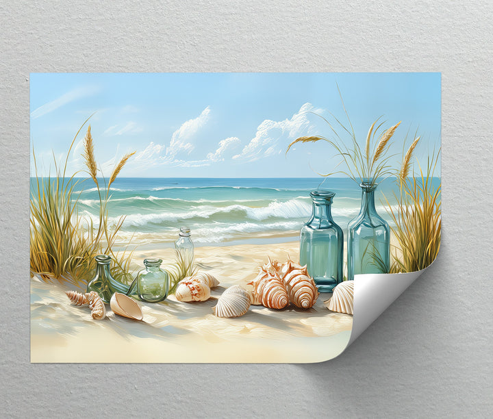 Whispers of the Shore – Seashells and Glass Bottles Coastal Canvas Print