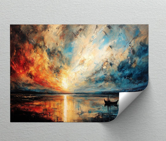 With its atmospheric depth and layers, this dramatic sunset boat canvas art print showcases vivid hues reflected on the water's surface for a captivating seascape.