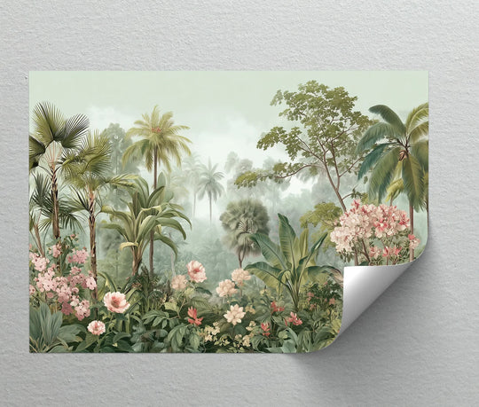 Cool color temperature of this tropical canvas wall art print evokes a calming, lush greenery scene with vibrant pink blossoms.