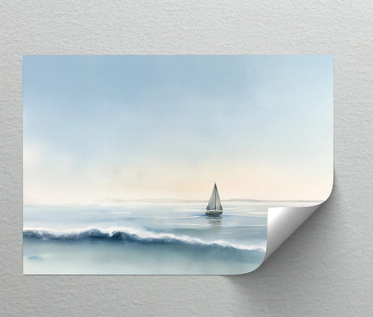 Minimalist ocean horizon canvas painting utilizes abundant negative space to highlight the sailboat on tranquil waters, emphasizing solitude and serenity.