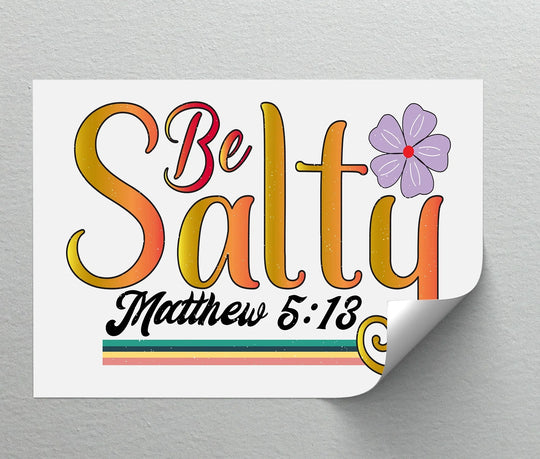 Printed in black, the 'Matthew 5:13' phrase is the darkest area of these inspirational canvas pictures, alongside a colorful 'Be Salty' script and purple flower.