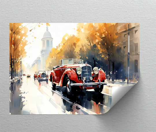 Stillness captures a vintage red convertible framed by autumn trees in this scenic canvas art prints, evoking a sense of timeless beauty.