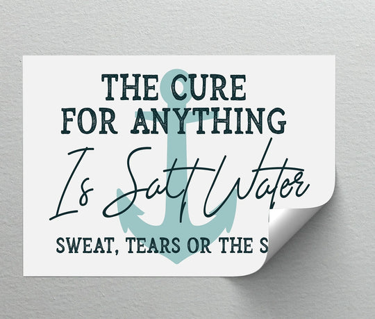 Transitioning from a bold, dark hue to a lighter, seaside-inspired anchor design, this framed canvas art features a charming nautical quote from the Saltwater Heals canvas print.
