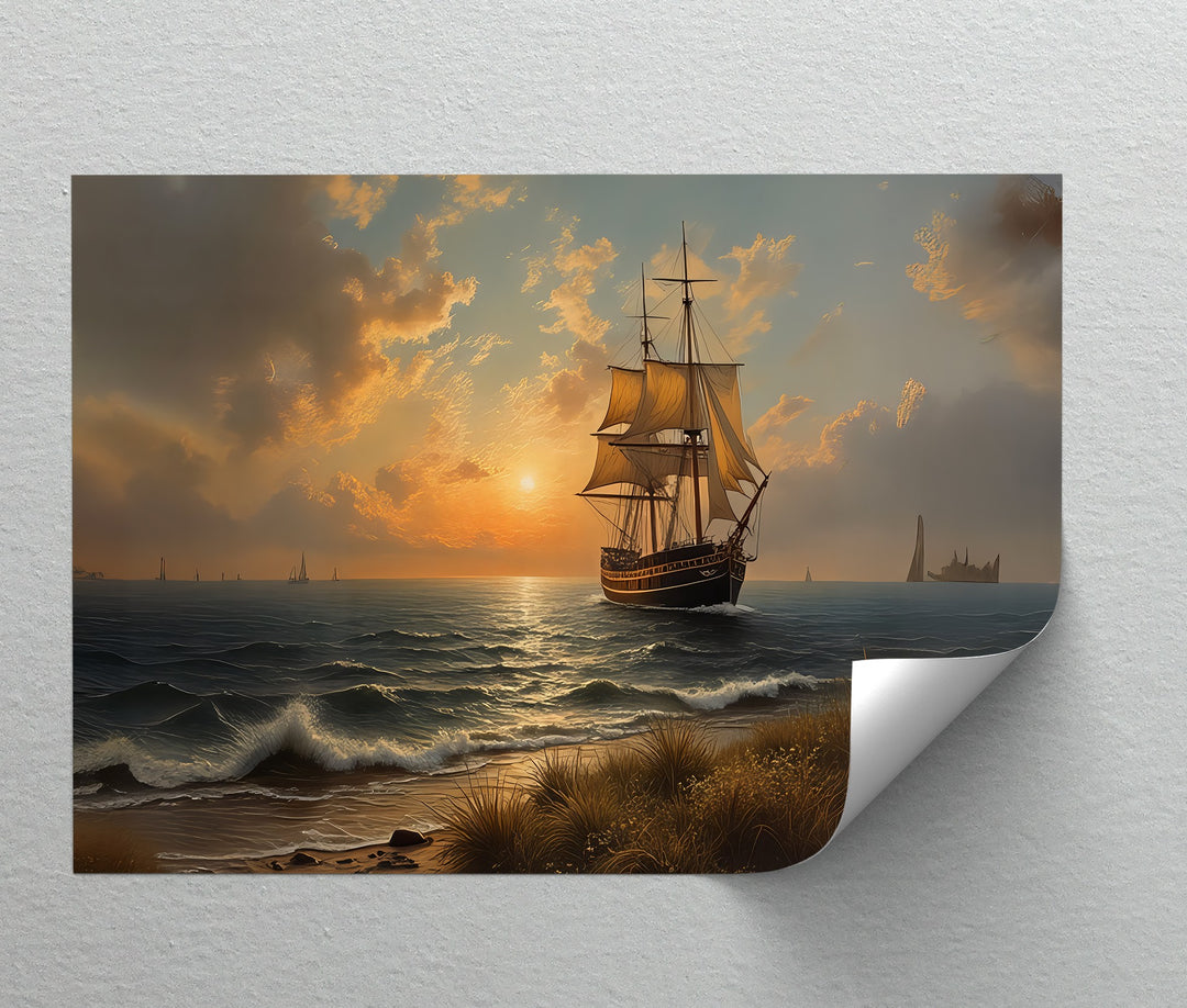 Golden Horizon Voyage – Sailing Ship at Sunset Canvas Wall Art | Large Canvas