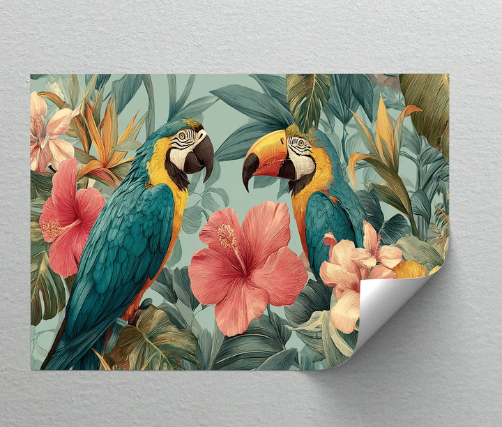 Colorful macaw bird wall art for boho tropical or beach style interiors

