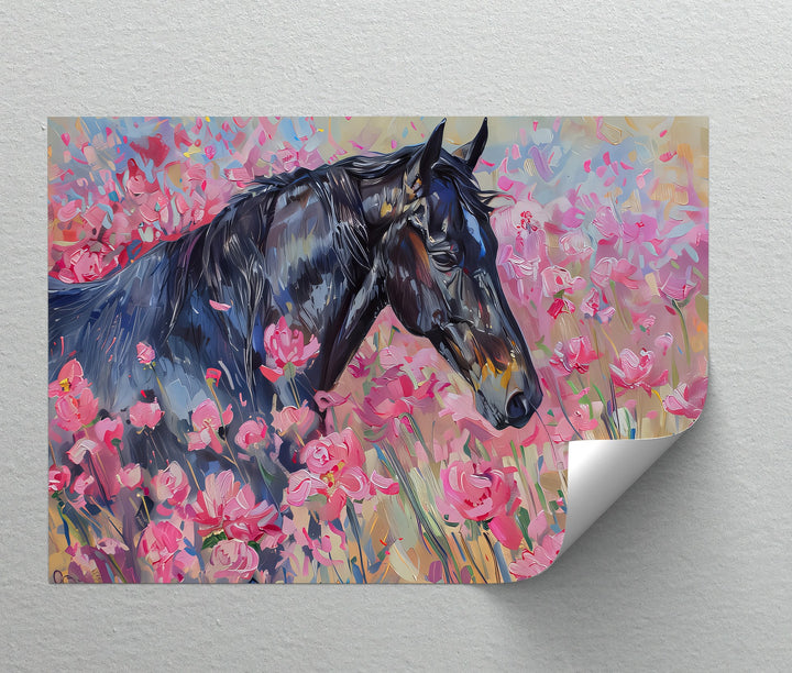 Blossom Drift – Black Horse in Pink Field Canvas Print