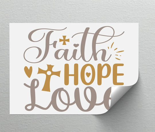 Illuminated, the central area showcases the inspirational message of faith, hope, and love on a hanging canvas print, a testament to Christian values.