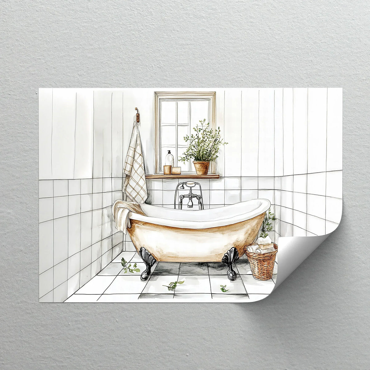Set against a white tile wall, this unique canvas print features a vintage clawfoot bathtub, complemented by a window with a shelf.