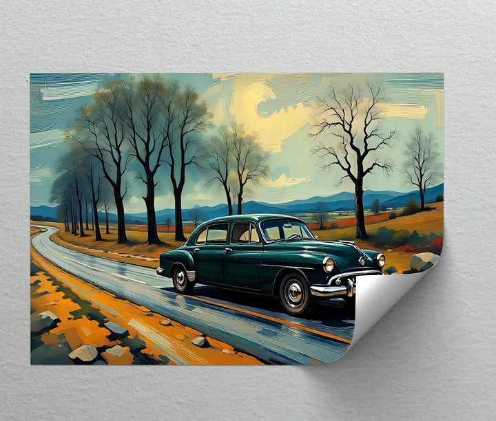 Teal Vintage Sedan on Winding Country Road – Car Canvas Print