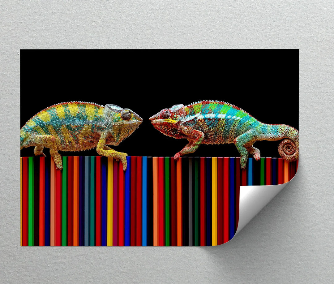 Color Clash – Vibrant Chameleon Duo on Pencils Canvas Print - MyPhotoStation