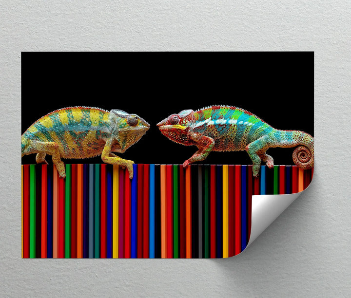 Color Clash – Vibrant Chameleon Duo on Pencils Canvas Print - MyPhotoStation