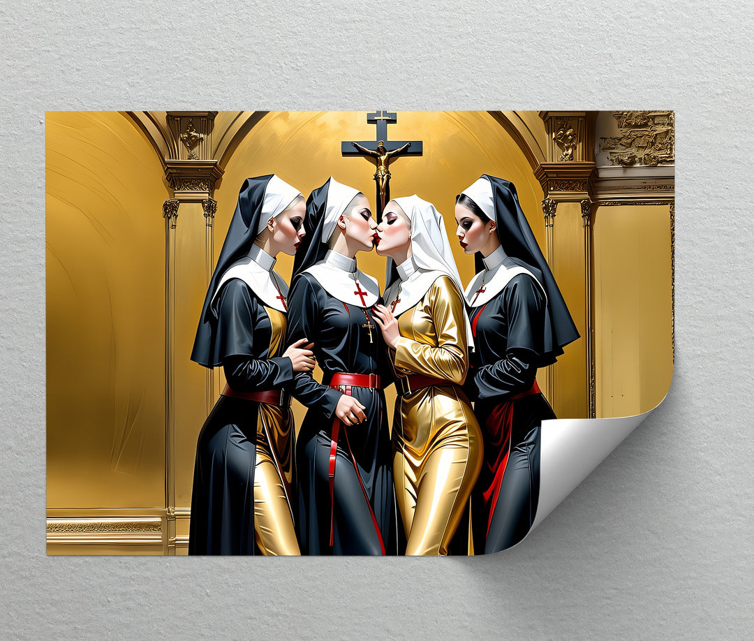 Divine Temptation – Erotic Kissing Nuns Canvas Wall Art | Nude Art