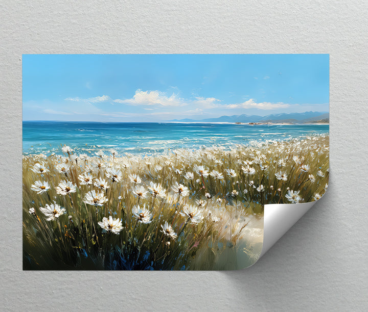 Whispers of the Coast – Daisy Field by the Ocean Canvas Print