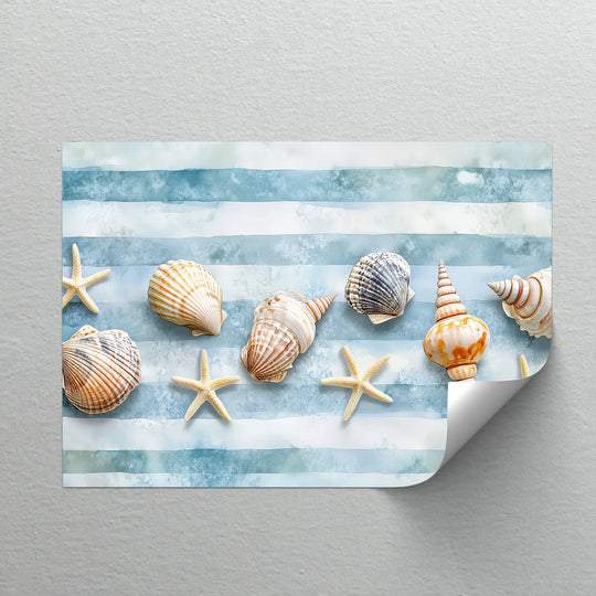 Illuminating the nautical coastal scene, the brightest area accentuates the delicate starfish and shells adorning this best canvas prints striped shell collection.