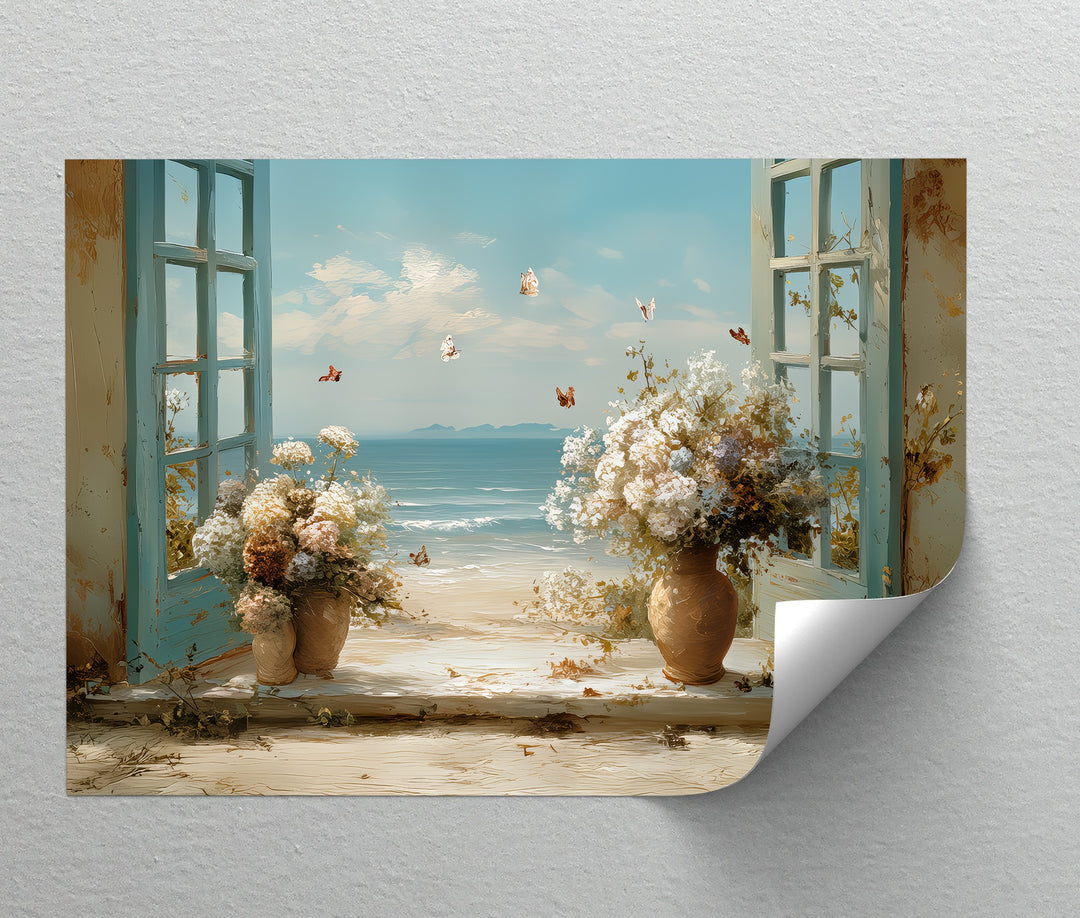 Seaside Breeze Through Blue Shutters – Coastal Floral Canvas Print