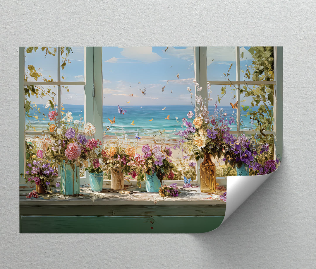 Seaside Bloom – Coastal View with Flowers and Butterflies Canvas Print