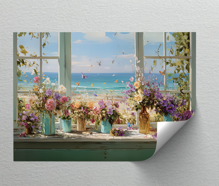 Seaside Bloom – Coastal View with Flowers and Butterflies Canvas Print
