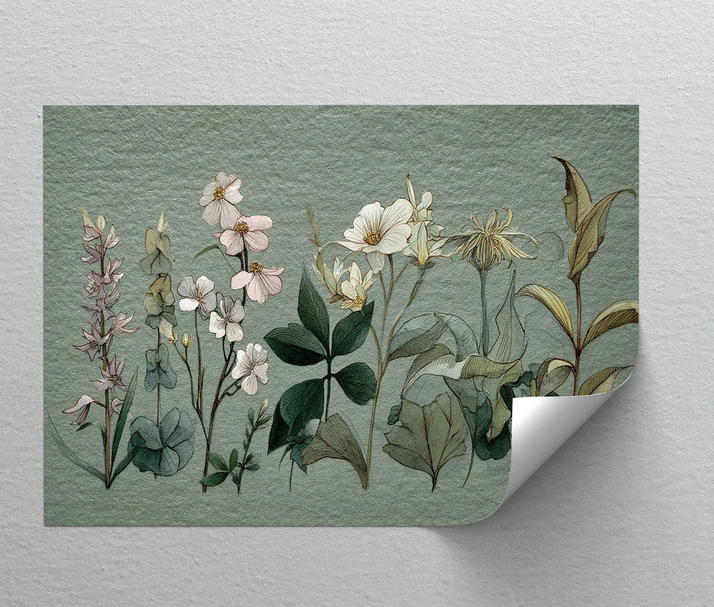 Vintage floral illustration wall art featuring delicate pastel garden flowers


