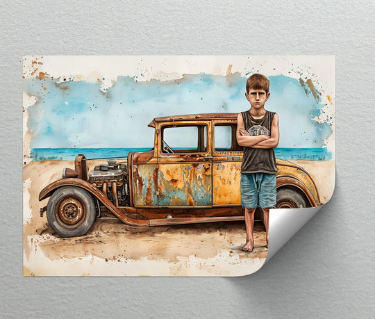 Captured with realistic detail, this canvas art prints showcase a boy with a weathered hot rod on a beach in a vintage-style car canvas print.