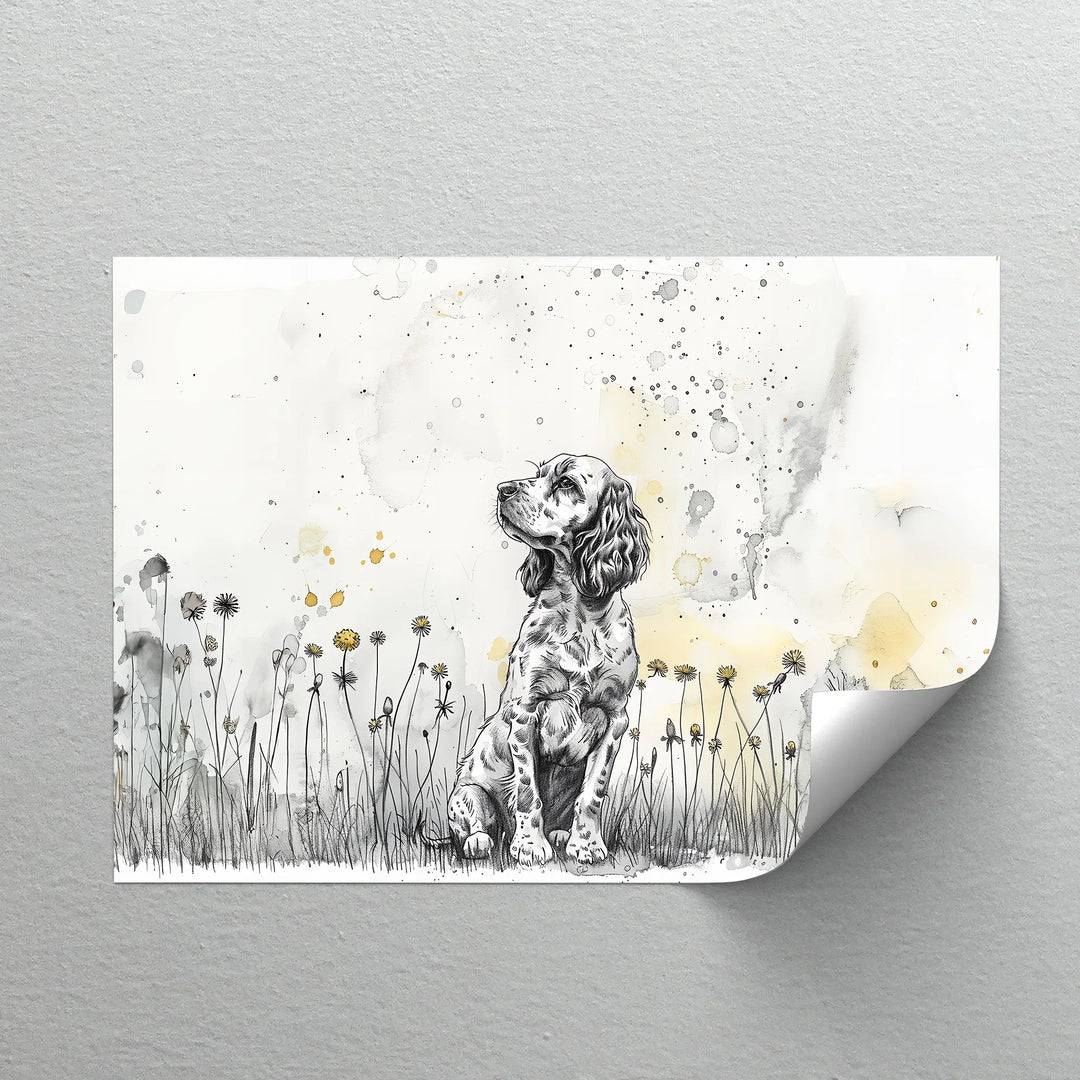 Gentle Wonder – Ink Sketch Puppy in Dandelion Meadow Canvas Print - MyPhotoStation