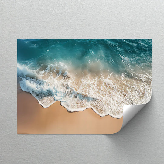 Subtle light and shadow define the texture of this aqua blue waves canvas painting as it gently washes onto the sandy shore.