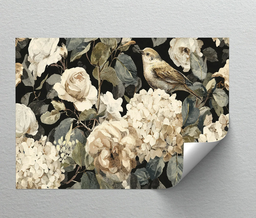 Classic floral wall art featuring detailed bird illustration and antique blooms

