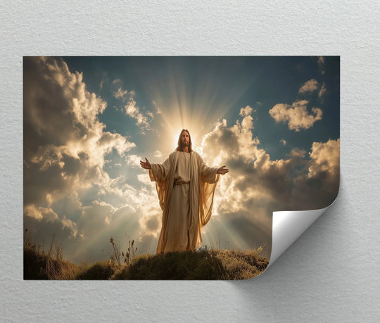 Peaceful mood conveyed in this 'Divine Light' canvas print, a radiant image of Jesus set against a bright sky, beautifully rendered as a framed canvas.