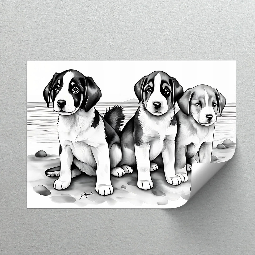 Seaside Trio – Monochrome Puppy Portrait at the Shore Canvas Print - MyPhotoStation