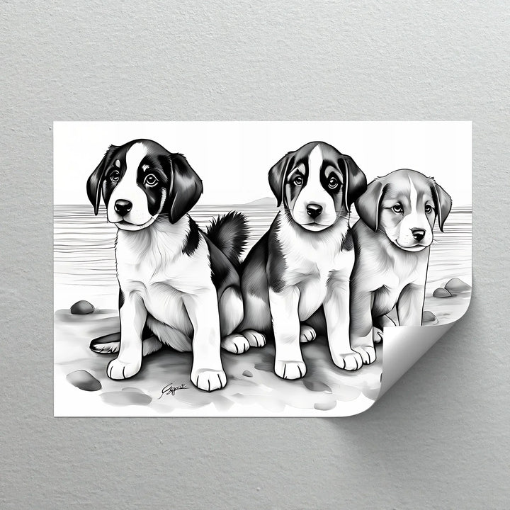 Seaside Trio – Monochrome Puppy Portrait at the Shore Canvas Print - MyPhotoStation