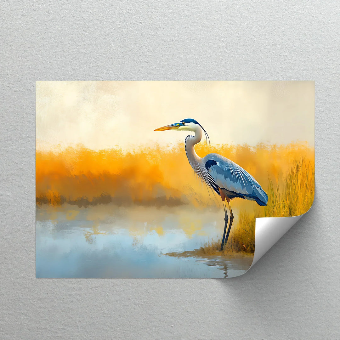 Heron in the Reeds – tranquil landscape canvas art with coastal bird.

