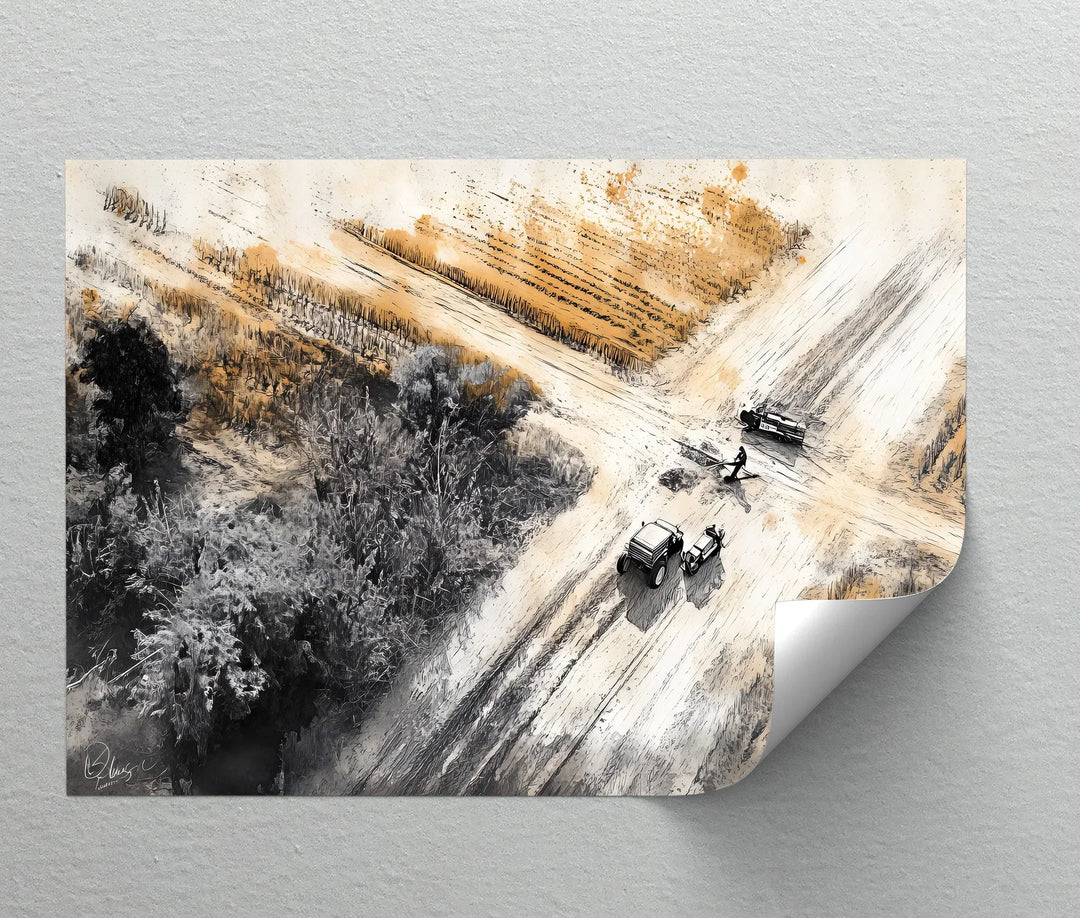 Aerial Tractor Scene in Ink & Ochre – Car Canvas Print